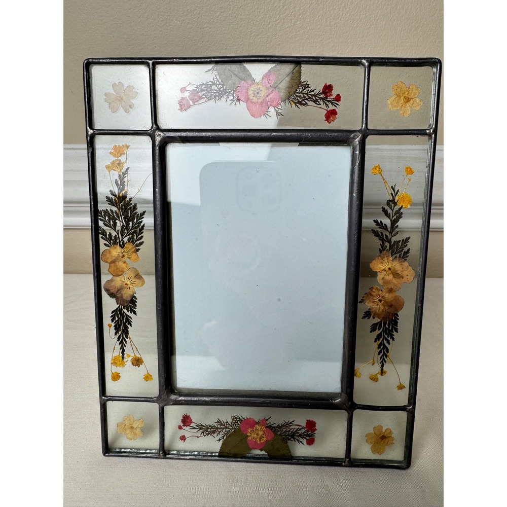 Vintage Stained Leaded Glass Pressed Flower Picture Frame Botanical Decor 6x8"